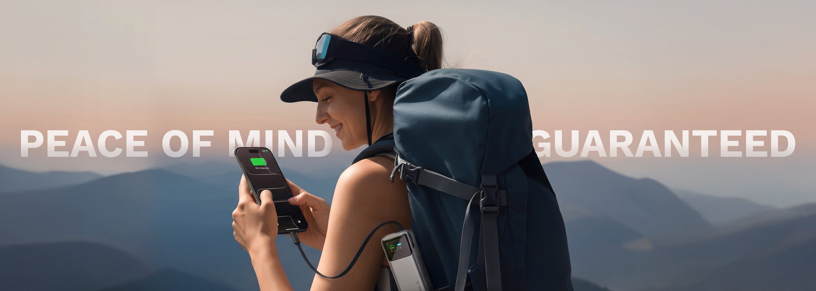 Person with a backpack using a smartphone with mountains in the background and text 'Peace of Mind Guaranteed'.