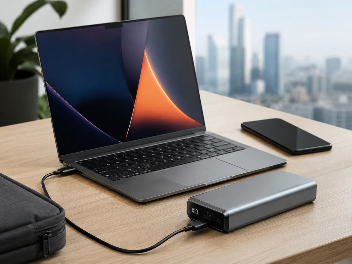 Laptop charging with a high-capacity power bank on a modern desk.